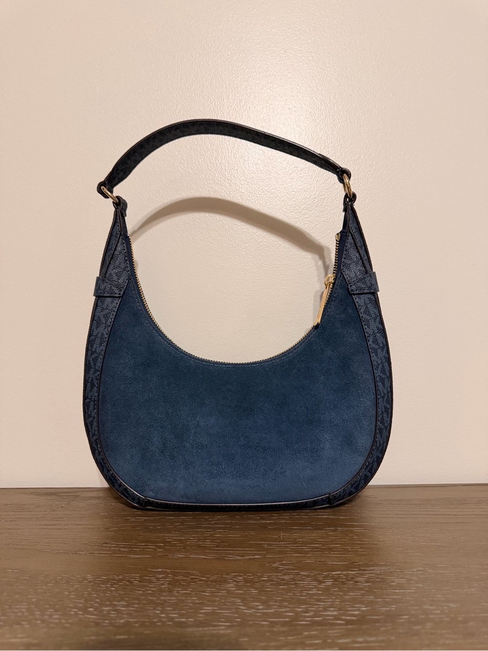 Michael Kors Navy Suede Crescent Shoulder Bag with MK Trim - Picture 9 of 9